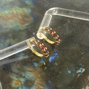 Gold Vermeil Sterling Silver 925 Round Garnet Small Hinged Huggie Hoop Earrings